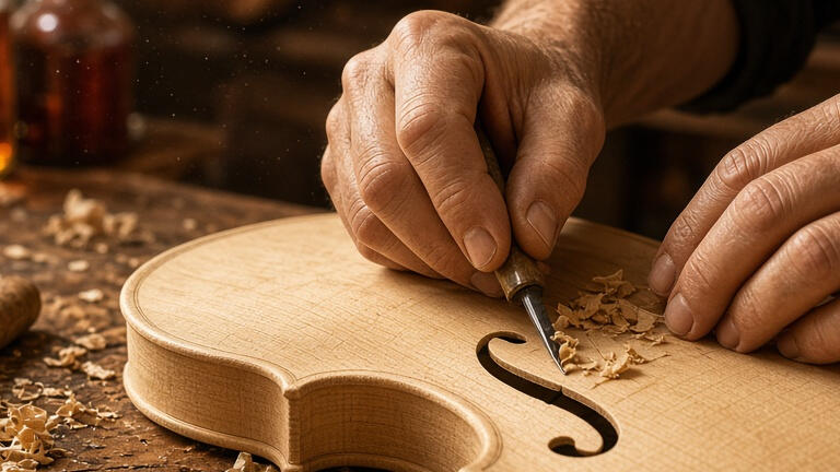 Luthier hands shaping a violin in a workshop